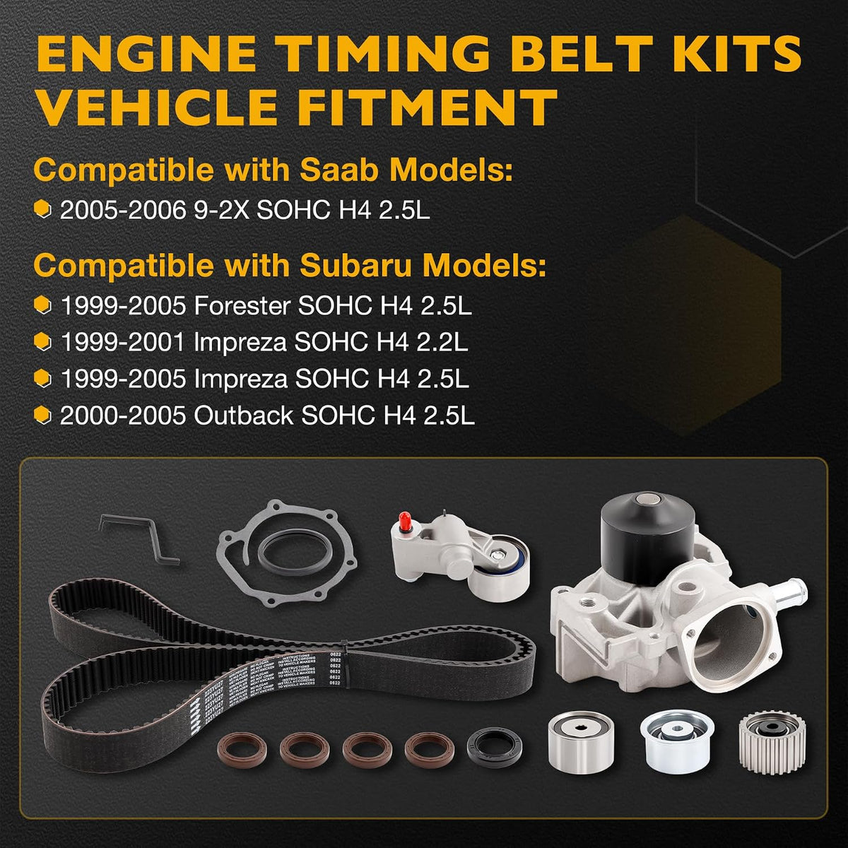 Engine Timing Belt Kit with Water Pump Compatible with Subaru 2000-2005 Outback 1999-2005 Impreza Forester & Saab 2005-2006 9-2X SOHC H4 2.2L 2.5L