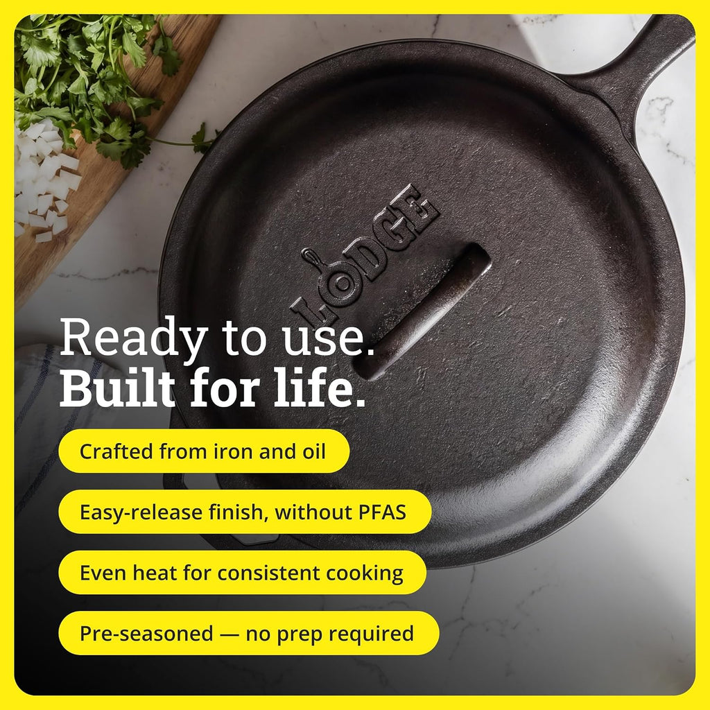 Pre-Seasoned Cast Iron Covered Deep Skillet, 5 Quart