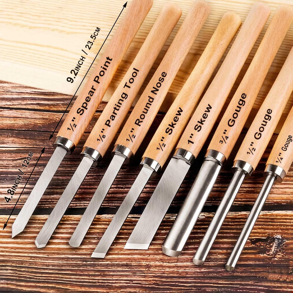 8 Piece Heavy Duty Wood Turning Chisel Set, Lathe Chisel Cutting Tools, (3) Gouge (1) Round Nose (1) Spear Point (2)