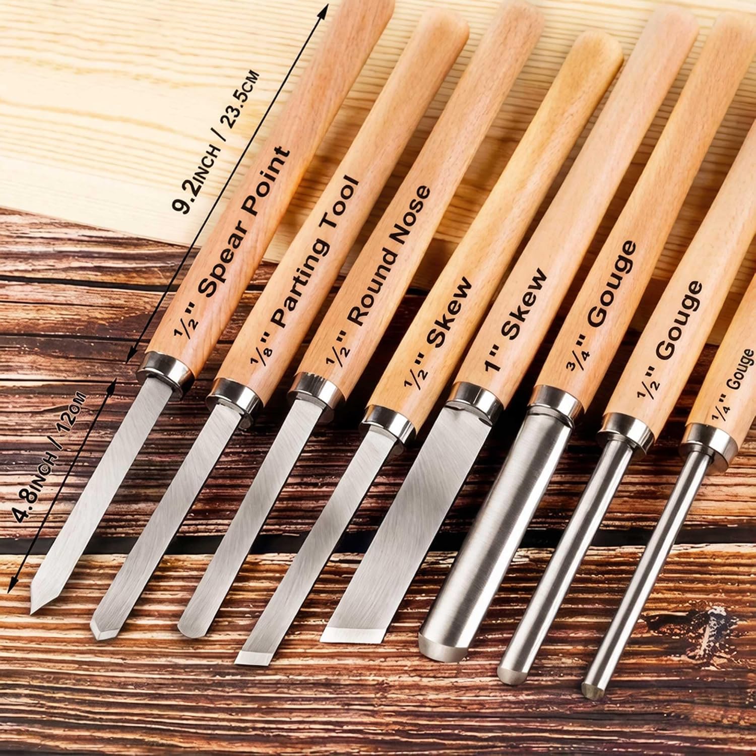 8 Piece Heavy Duty Wood Turning Chisel Set, Lathe Chisel Cutting Tools, (3) Gouge (1) Round Nose (1) Spear Point (2)