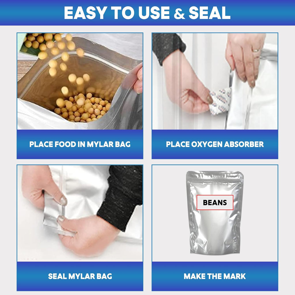 Food Storage Mylar Bags with Oxygen Absorbers, 50 PCS Kit (25 Gallon + 25 Quart), Heavy Duty Heat Sealable Resealable