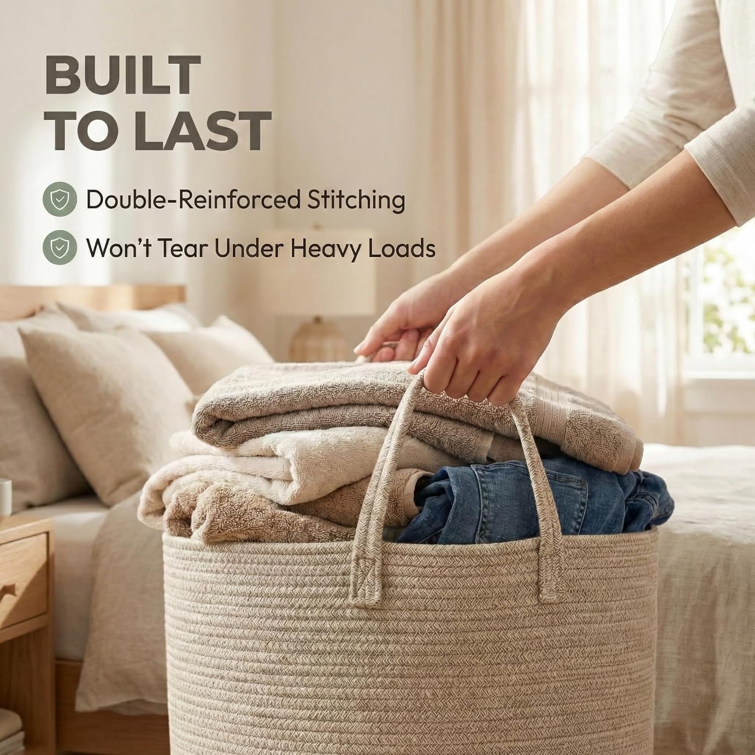 65L Extra Large Blanket Basket for Living Room - Woven Cotton Rope Laundry Hamper with Reinforced Handles - Storage