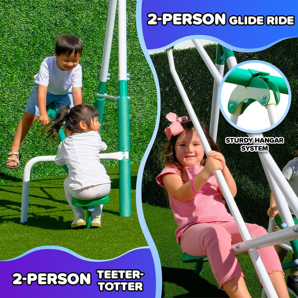Bayside 7-in-1 Outdoor Backyard Metal Swing Set for Kids, 1000 lb Capacity, Teeter-Totter, Swing, Saucer, Standing