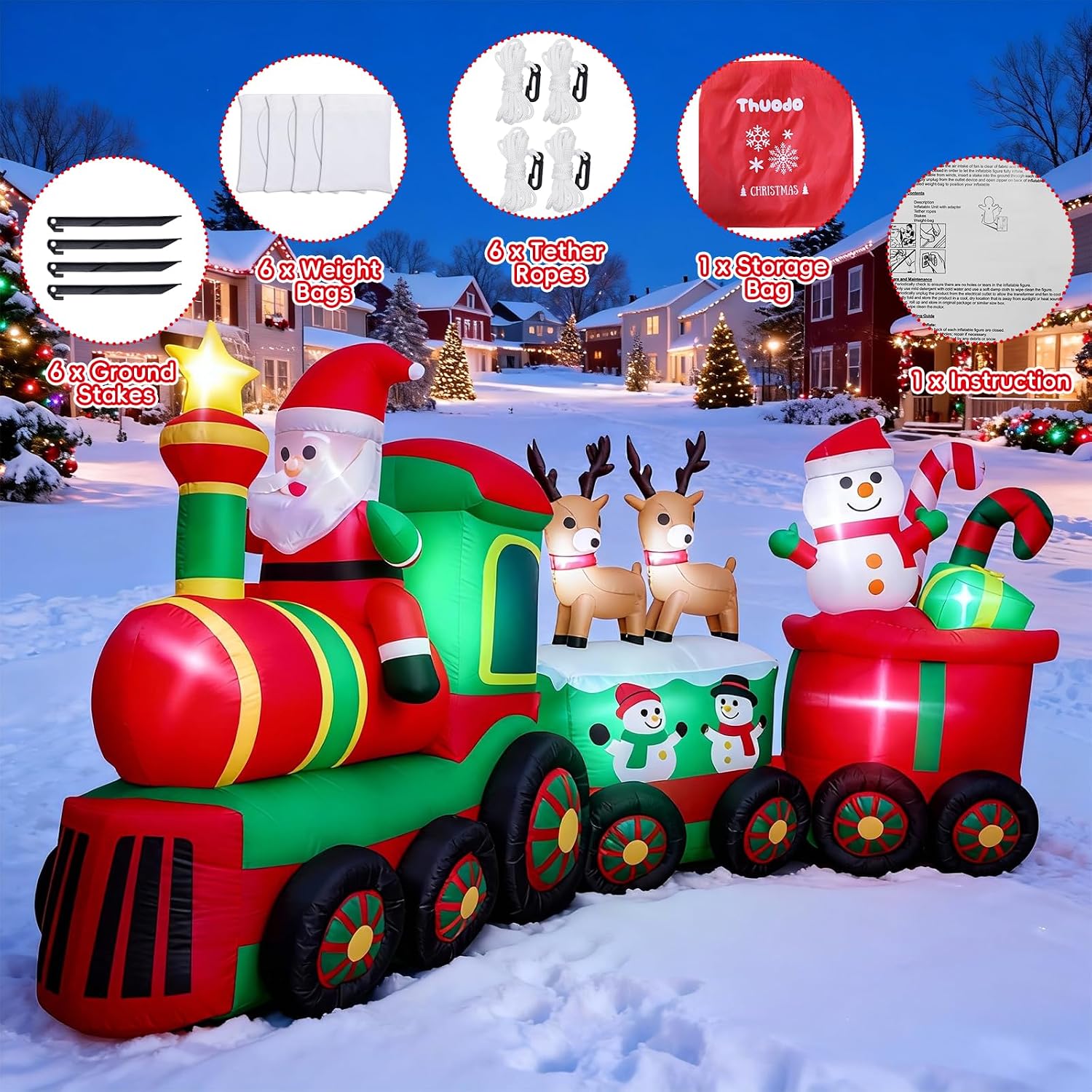 11 FT Long Christmas Inflatables Train with Santa Claus Reindeer Snowman Outdoor Decorations Blow Up Yard with