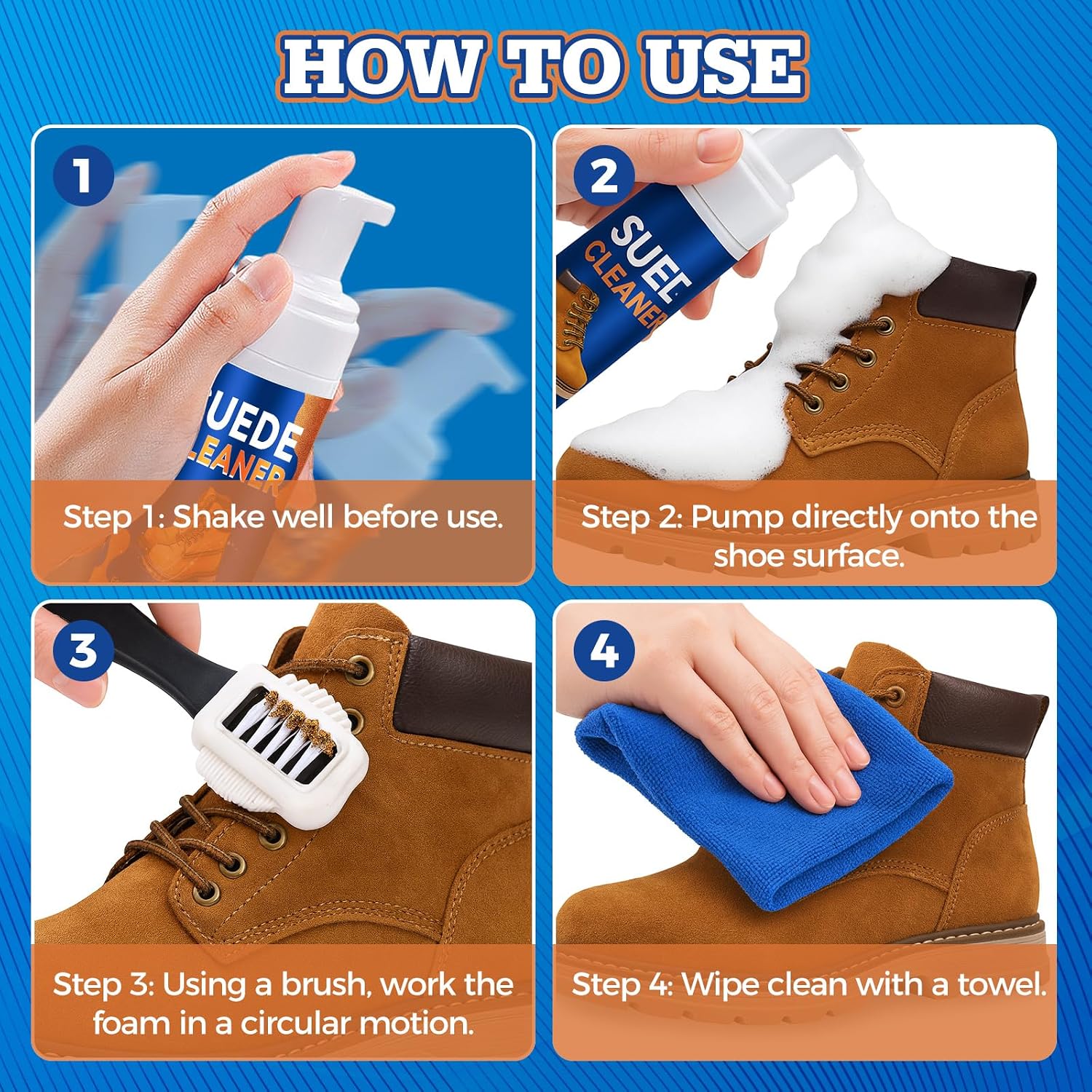 Suede Shoe Cleaner Kit 6.76 fl oz, No-Rinse Foam Shoe Cleaning Kit | Suede and Nubuck Shoe Cleaner with Brush and Cloth