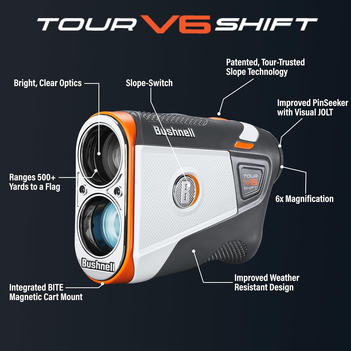 Golf Tour V6 Shift Laser Rangefinder with Slope Compensation, 1300-Yard Range, Flag Lock Vibration, Magnetic Cart