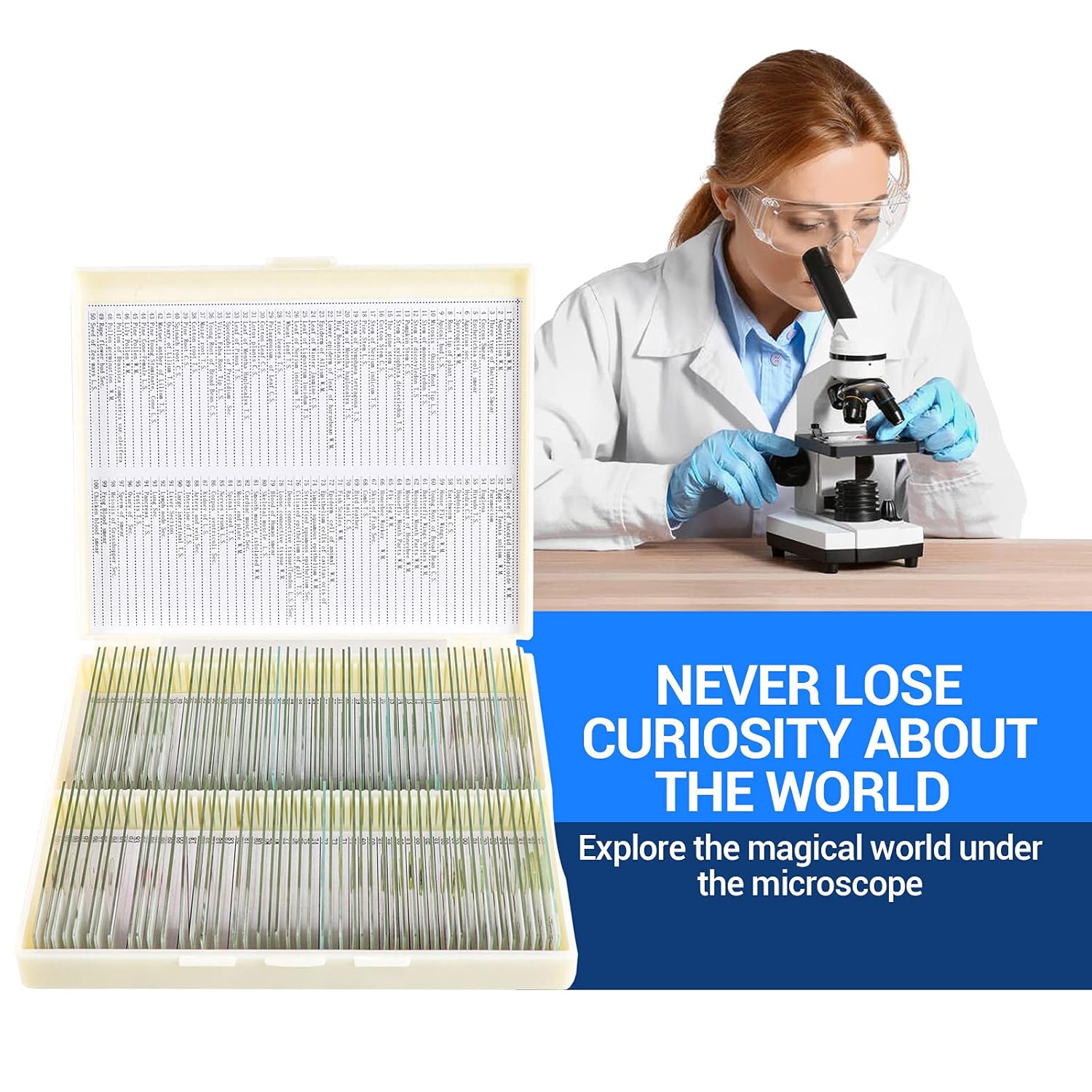 100 Prepared Microscope Slides with Specimens for Kids Adults - Bacterium, Fungus, Human Tissues, Mitosis, Plants