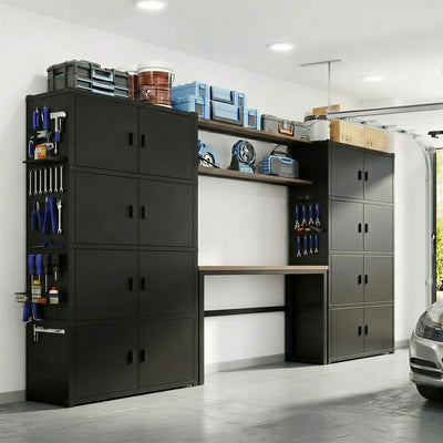 Garage Storage Cabinet System with Workbench & Pegboard, Black