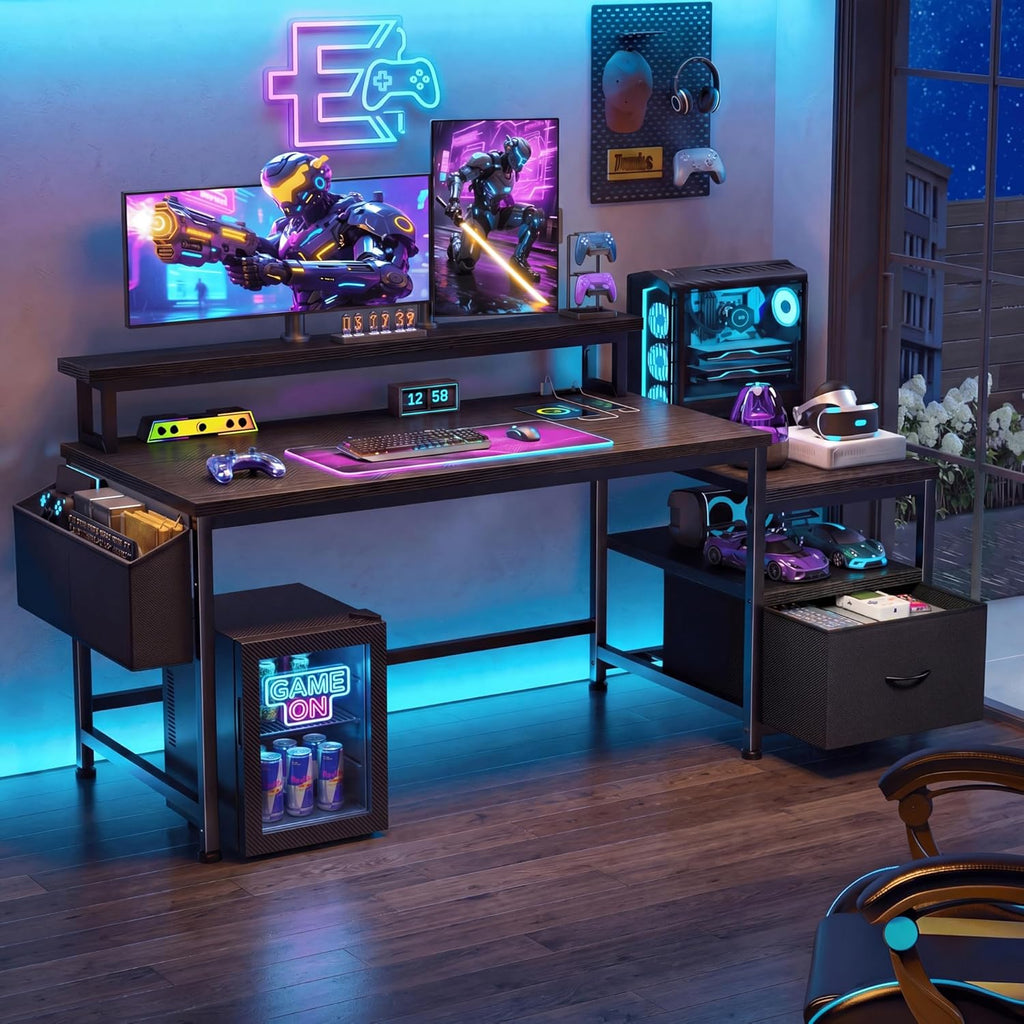 56.5" Black Computer Desk with File Drawers and Printer Space,Office Desk with Power Outlets and Monitor Stand,Gaming