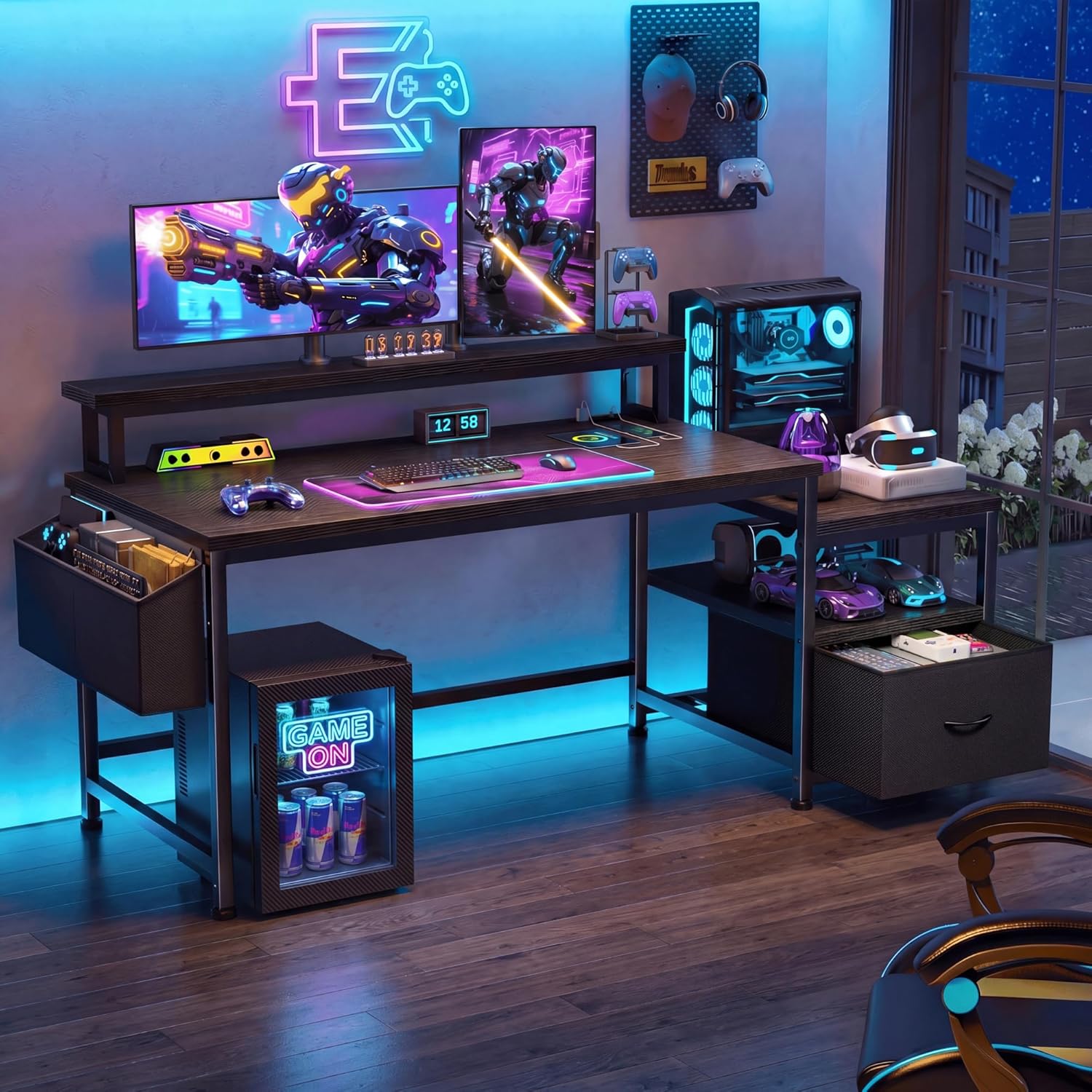 56.5" Black Computer Desk with File Drawers and Printer Space,Office Desk with Power Outlets and Monitor Stand,Gaming