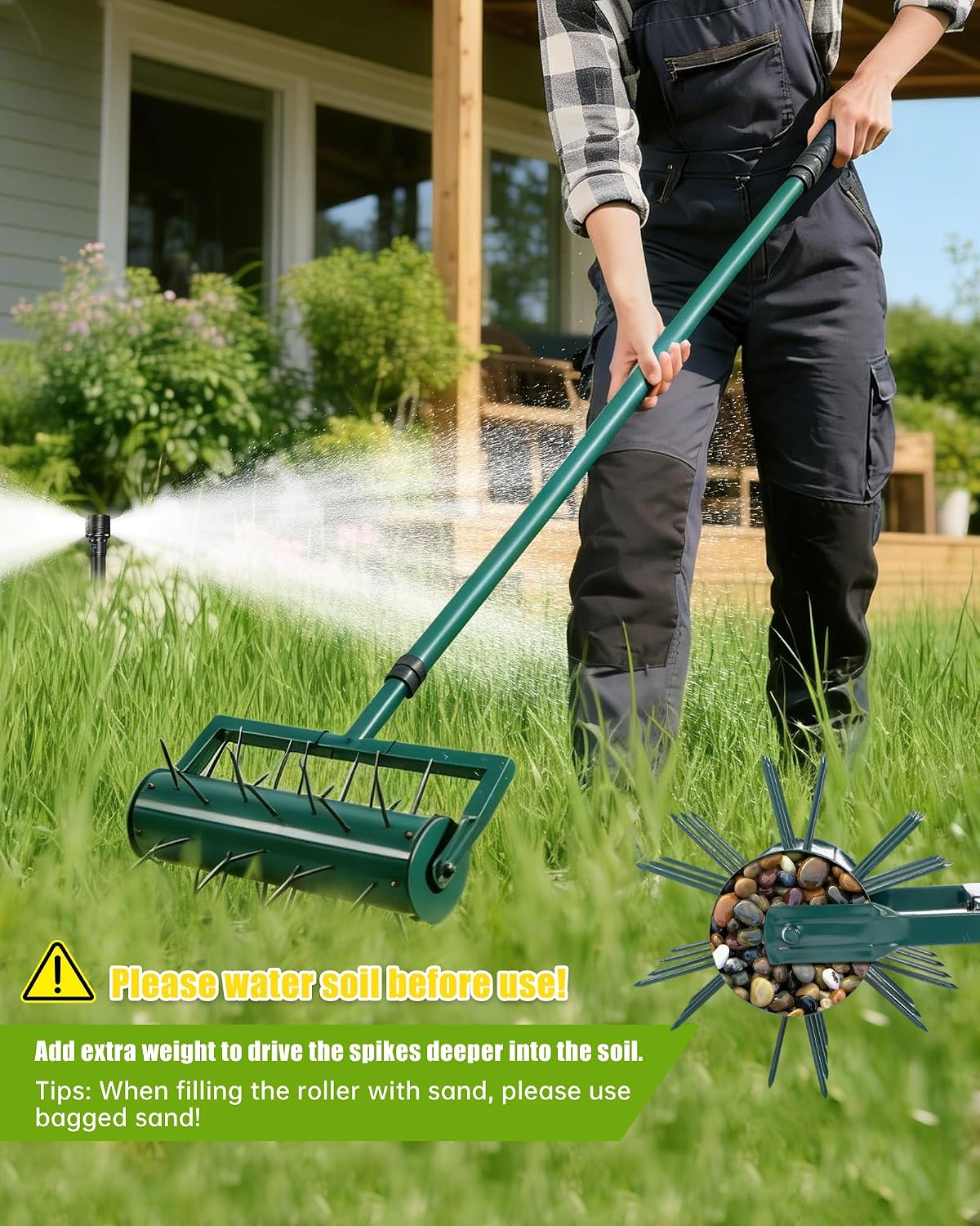 Rolling Lawn Aerator Tool with 39 Spike for Outdoor Lawn Yard Soil Garden | 74'' length adjustable handle, Water soil