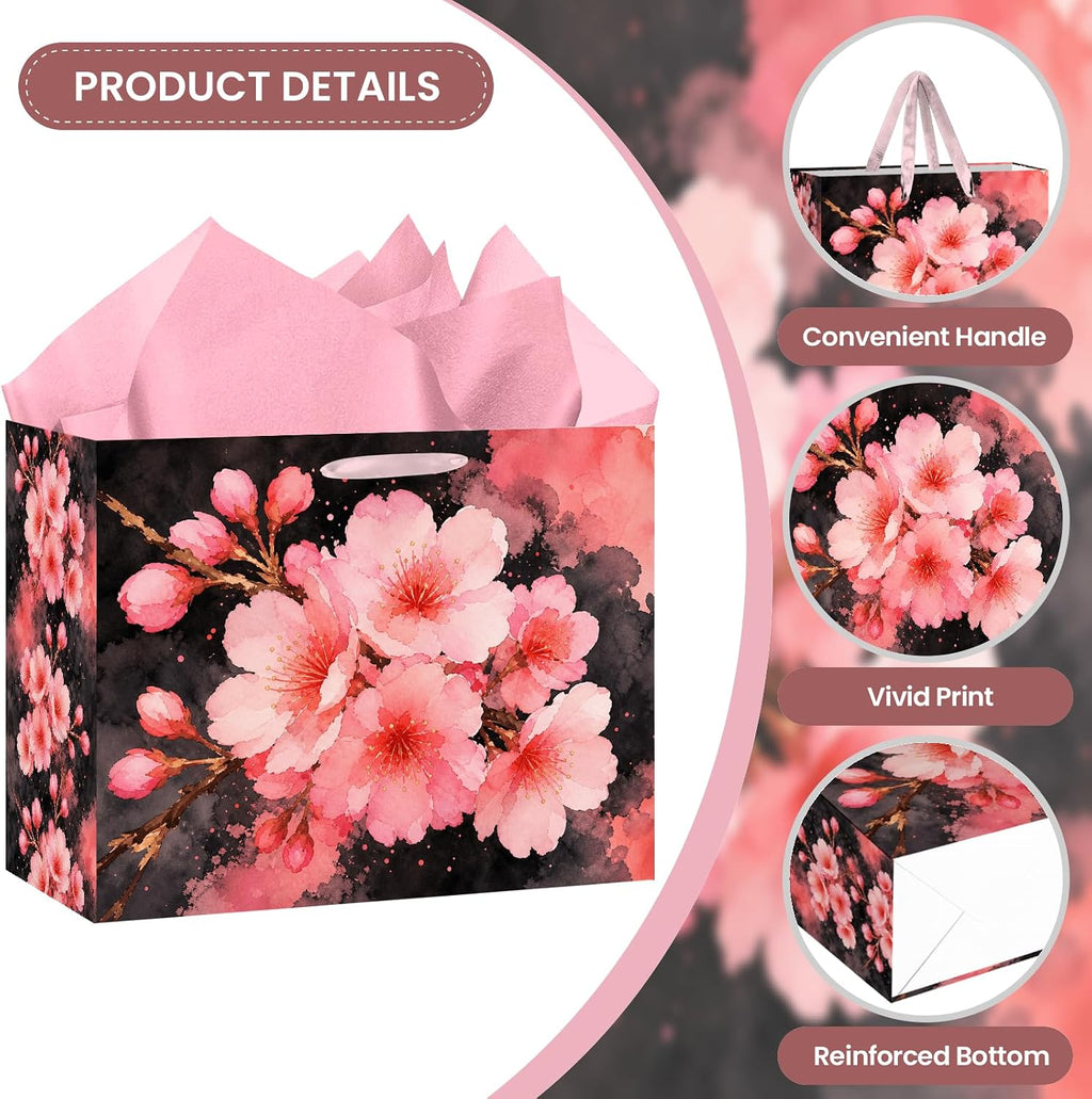 Cherry Blossom Gift Bag with 3 Pink Tissue Paper & Greeting Card