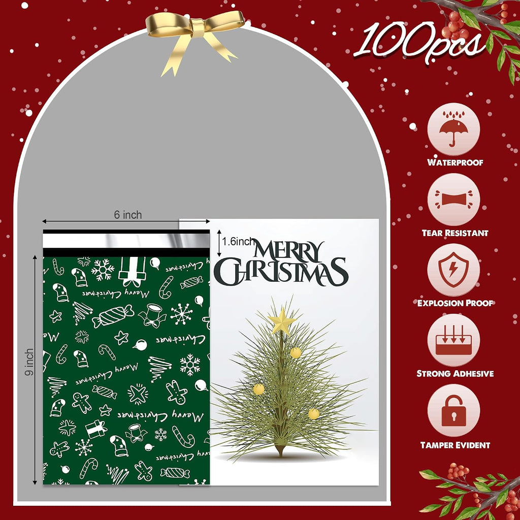Christmas Poly Mailers 6x9 Inch 100 Pcs, Green Merry Christmas