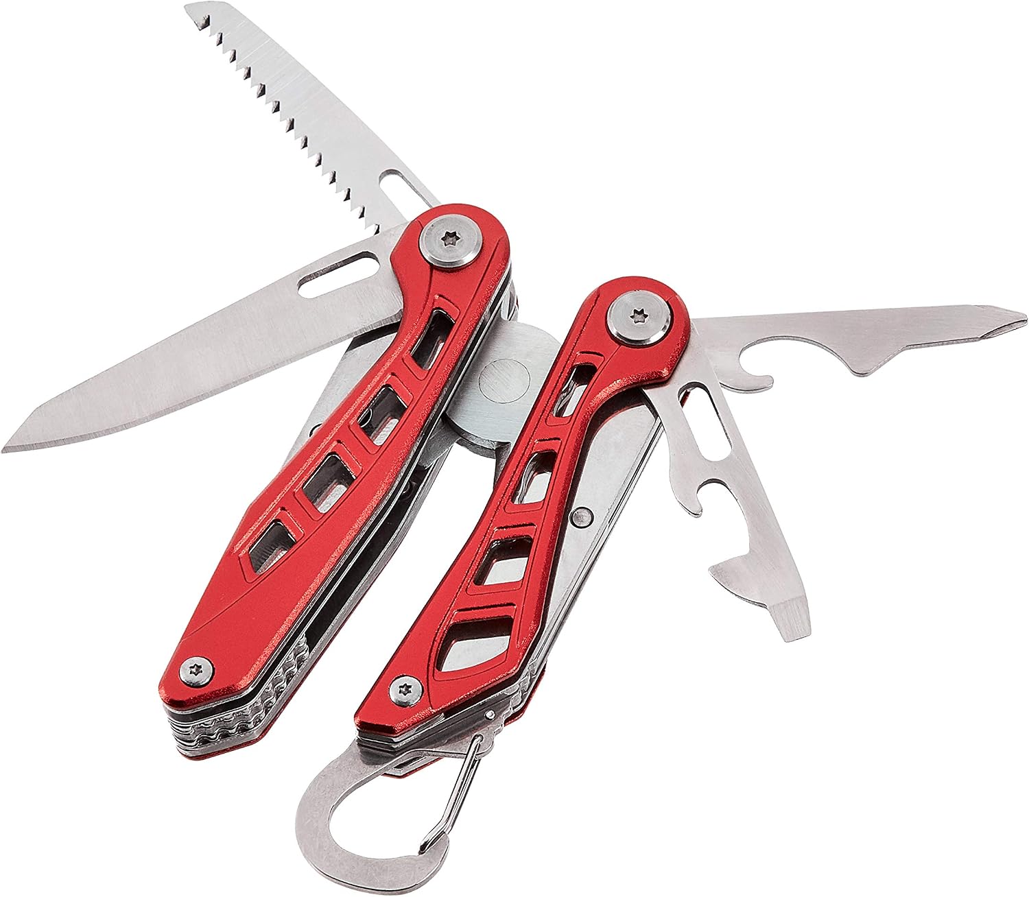 8-in-1 Stainless Steel Multitool with Safety Lock and Nylon Sheath, Red