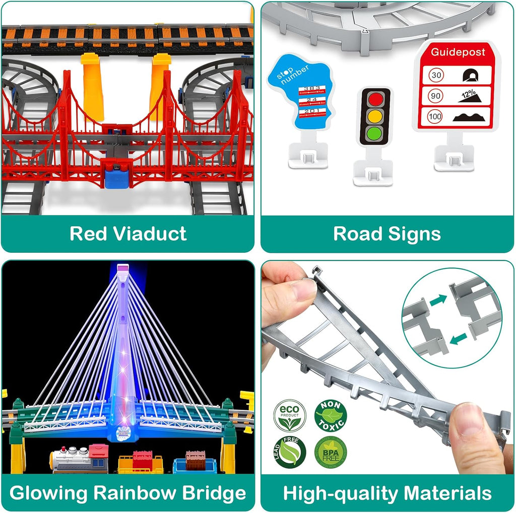 Electric Train Set for Kids Ages 4-8 with Train Tracks Set & Car Tracks Lights Up Bridge Road Sign Realistic Sound