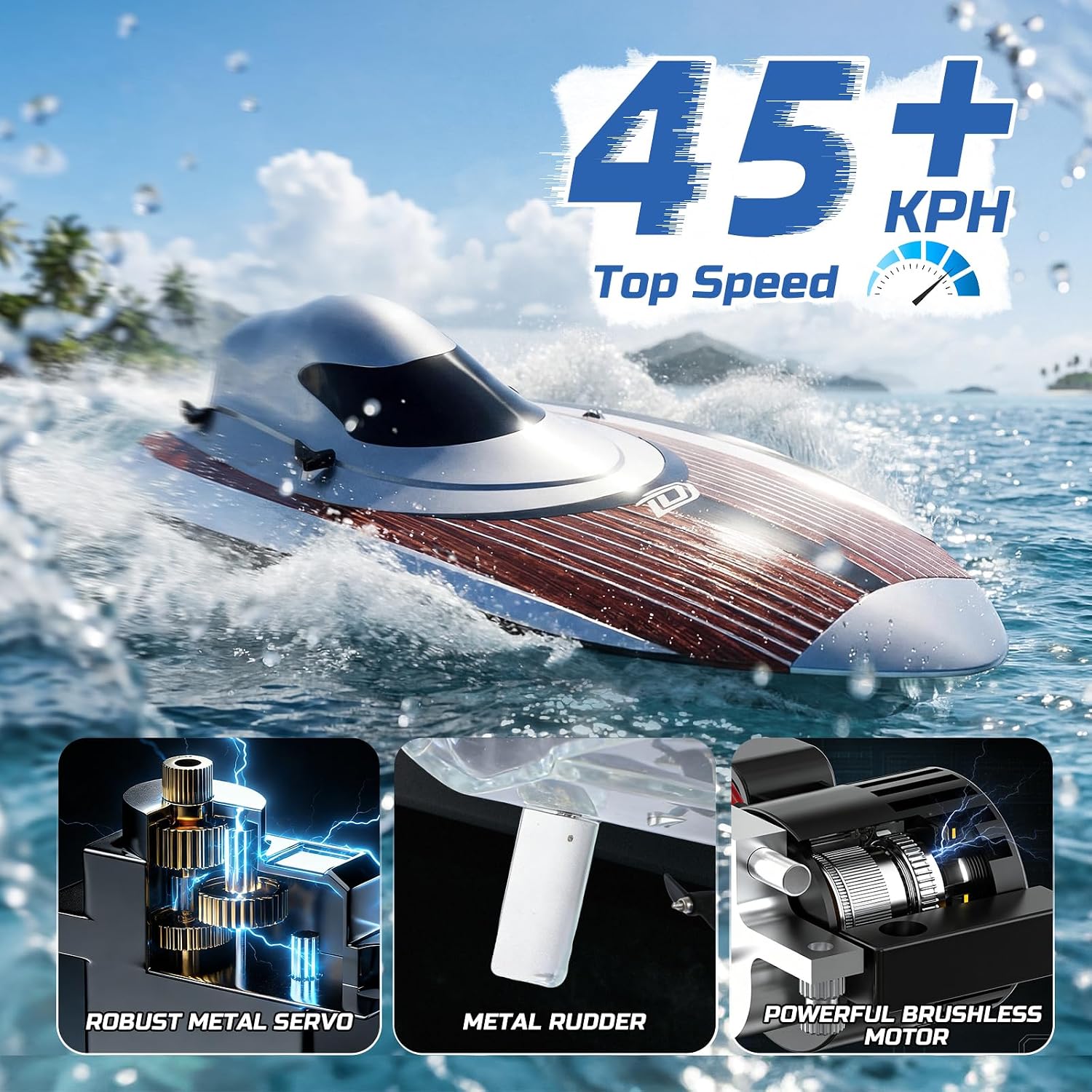 17" Brushless RC Boat for Adults, 45+ KPH, Metal Rudder | 3S 2800mAh Li-po Battery, Self-Righting, High-Speed Racing