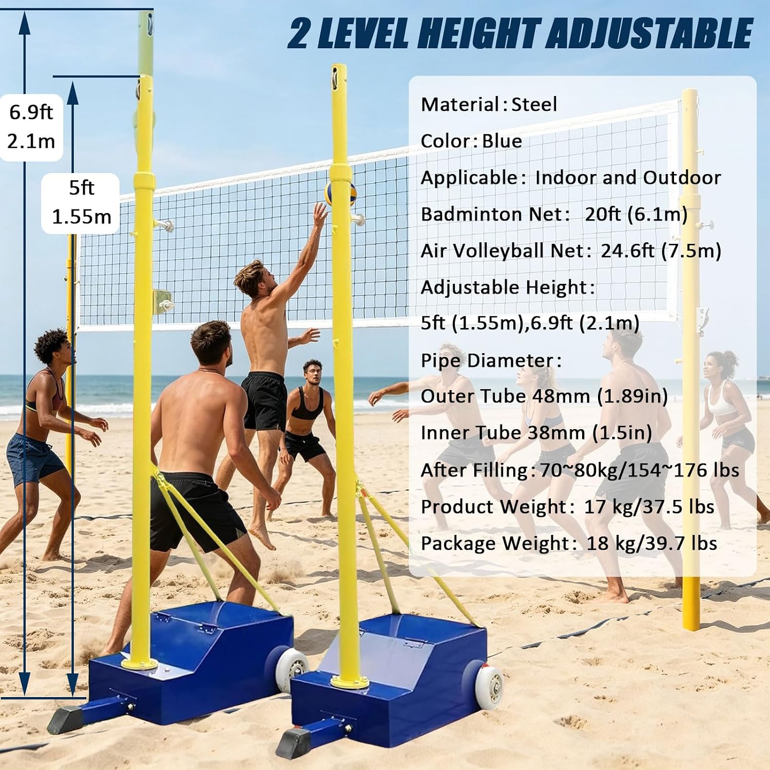 Volleyball Poles, Badminton/Volleyball Posts, Heavy Duty Volleyball Net with Poles Adjustable 5ft-6.8ft 4 Heights