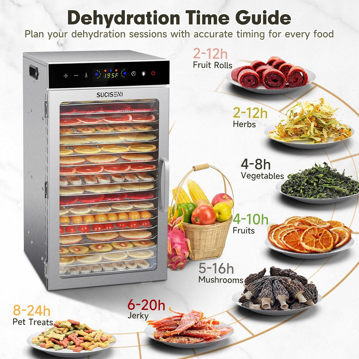 Food Dehydrator Machine 1000W 18 Trays Stainless Steel Commercial Food Dehydrated Dryer with 24H Timer Touch-Control