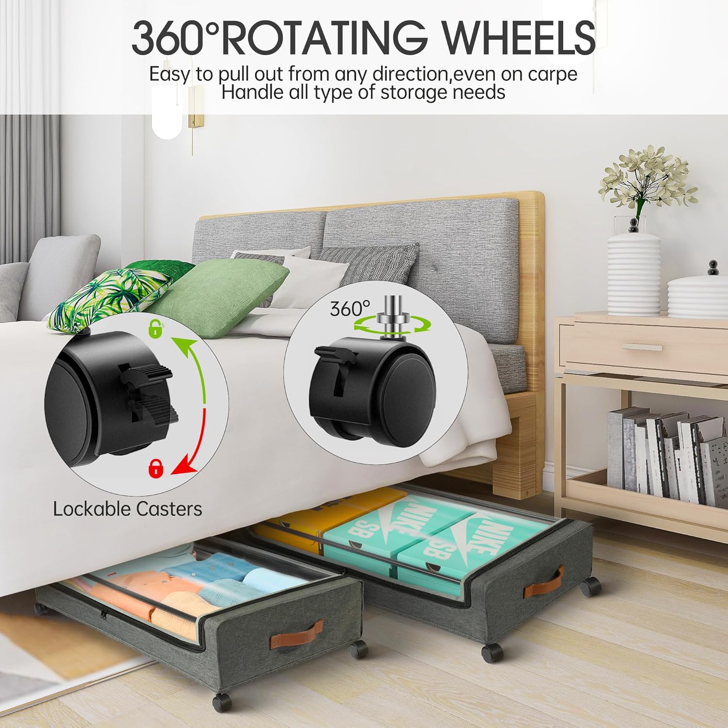 Under Bed Storage with Wheels, 2Pack Under Bed Storage Containers, Underbed Shoe Storage Organizer, Rolling Under Bed