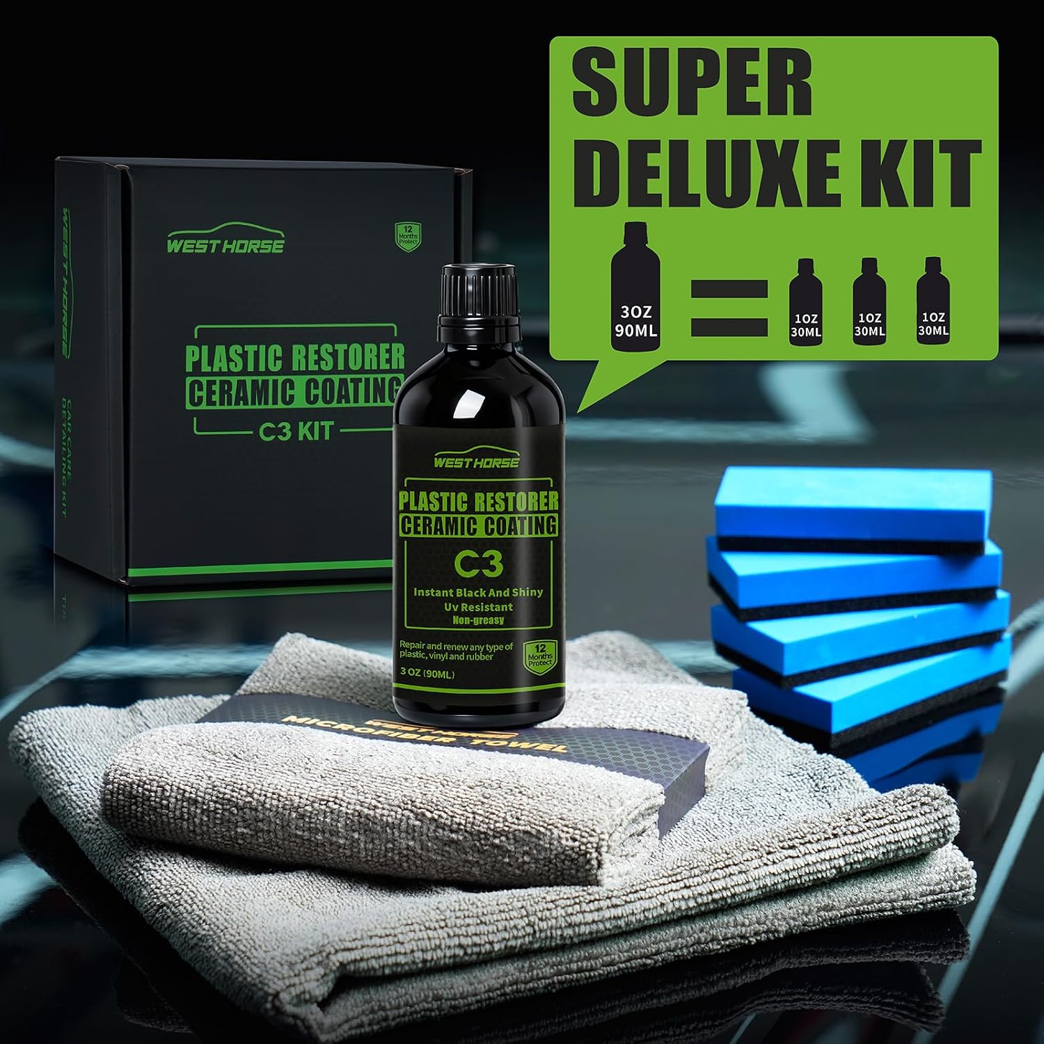 90ml Ceramic Plastic Restorer Car Trim Restorer Kit | 12-Month UV Protection, 3 fl oz, Professional Grade