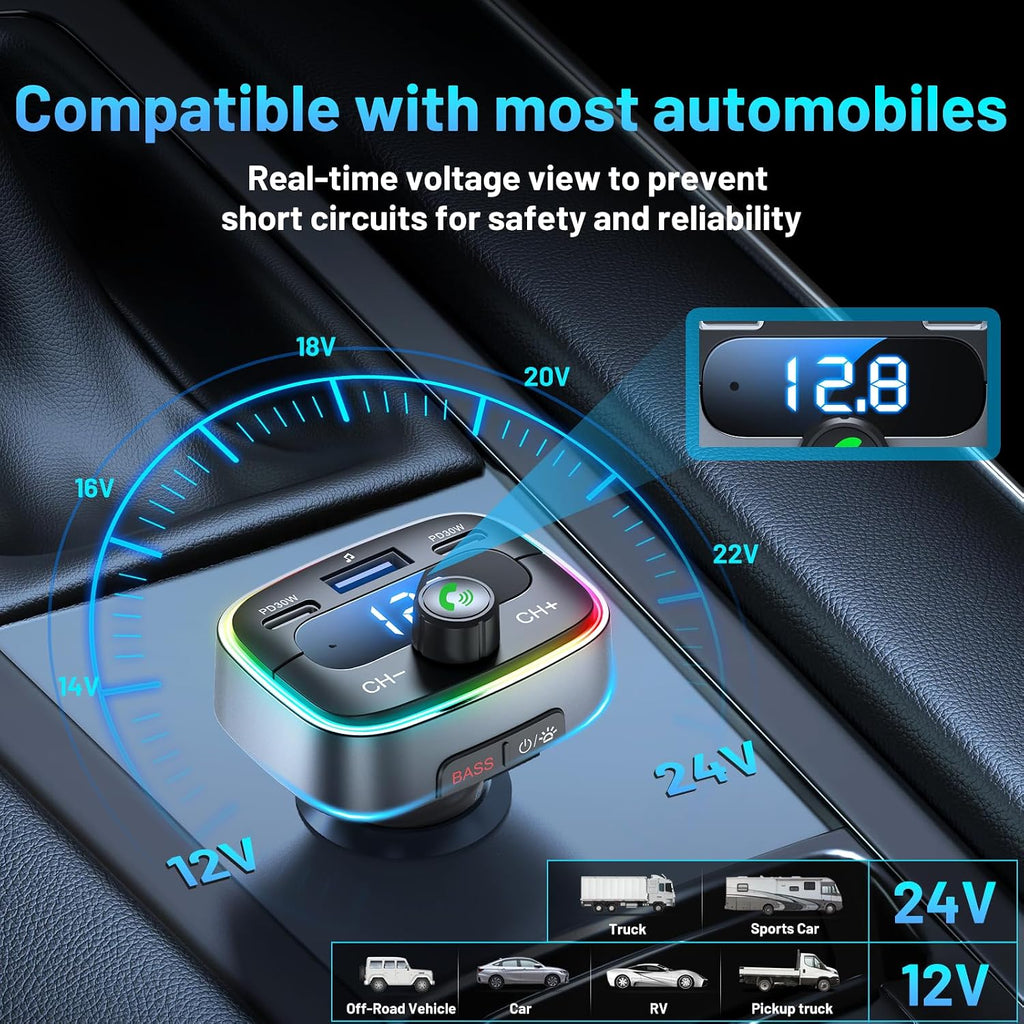 Bluetooth 5.4 Car Adapter 60W Charging USB Bluetooth Adapter for Car,Wireless Fm Transmitter Radio,Handsfree Calling