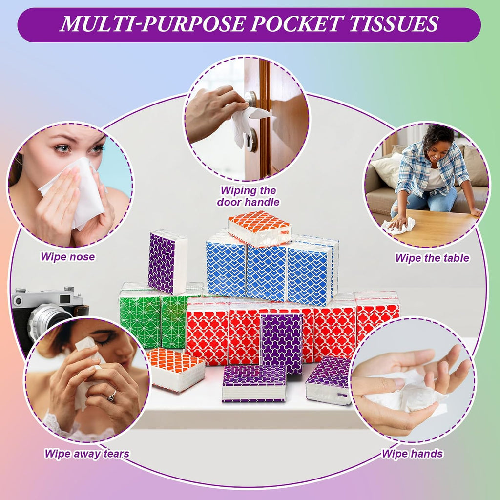 20 Pack Mini Pocket Tissues Travel Packs Bulk, Multicolor