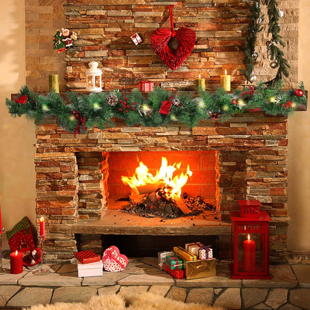 9 FT LED Christmas Garland with Pinecones Red Berries Bows Christmas Balls Candies, Multi-Function Christmas Garland