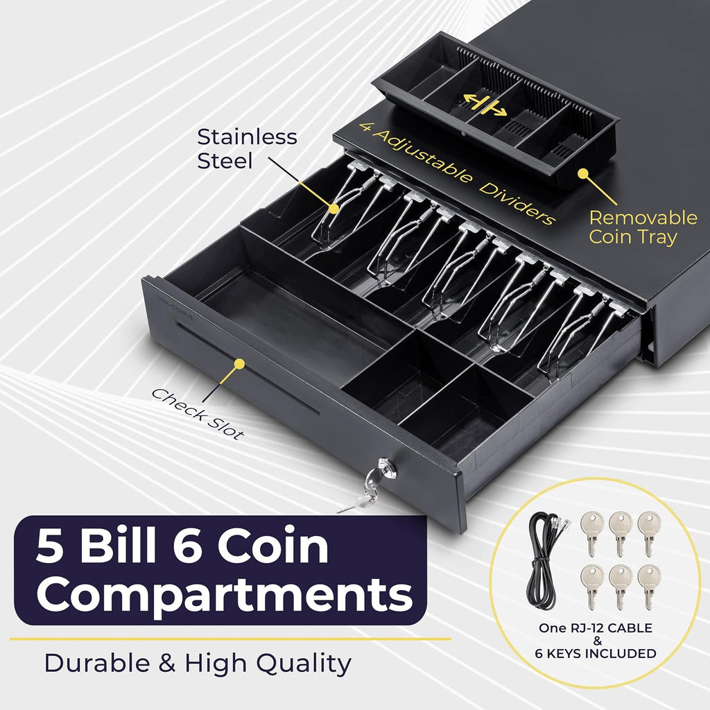Cash Register Drawer for Point of Sale (POS) System with Removable Coin Slots, 5 Bill/6 Coin, 12-24V, RJ11/RJ12