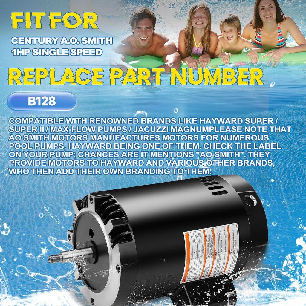 B128 Pool Pump Motor 1HP M56J Frame Fit for Century A.O. Smith Single Speed