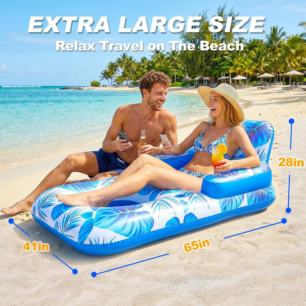 Pool Floats Adult, 65" Thicken PVC Inflatable Pool Chair Lounger Rafts with Cup & Phone Holder & Headrest Backrest
