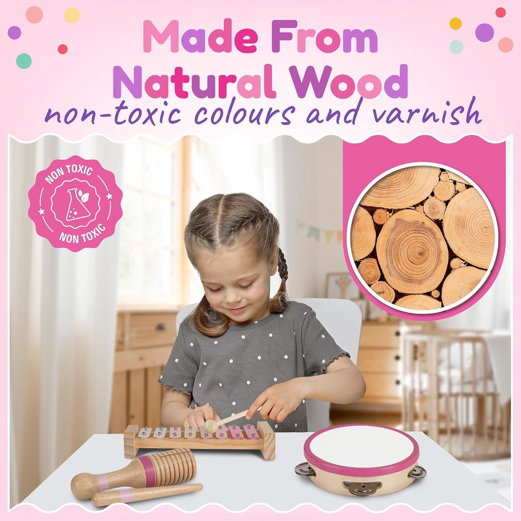 Stoie’s Pink Wooden Musical Instruments for Toddlers Ages 3+, Montessori Music Toy Set with Xylophone, Tambourine