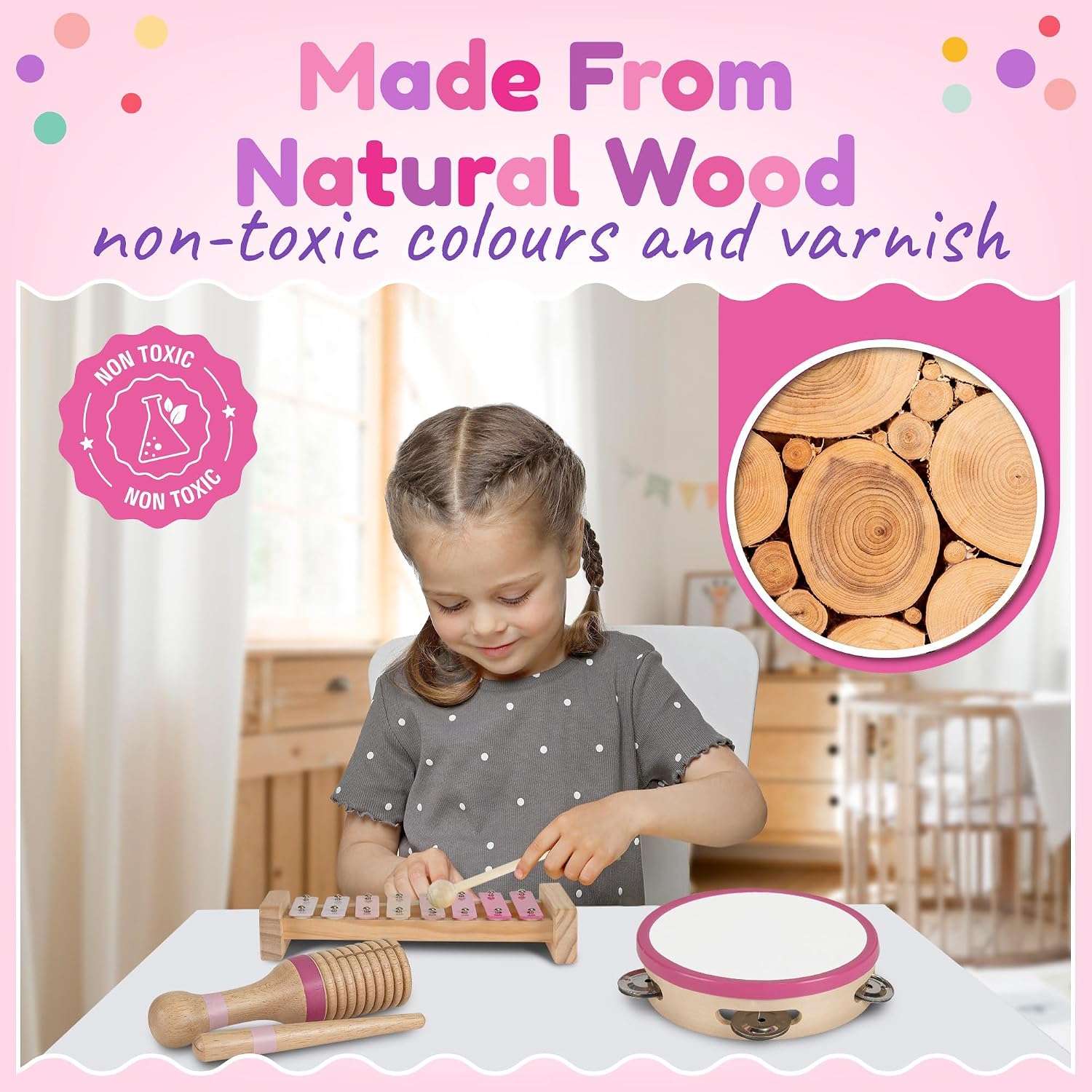 Stoie’s Pink Wooden Musical Instruments for Toddlers Ages 3+, Montessori Music Toy Set with Xylophone, Tambourine