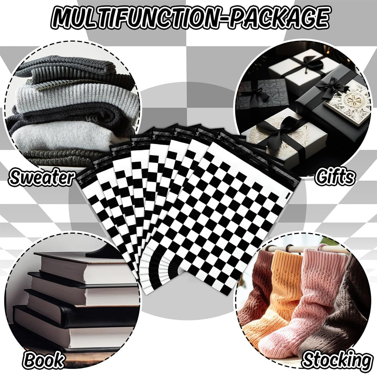100Pcs 10 x 13in Checkered Poly Mailers Classic Black and White Plaid Packing Bags with Self-Sealing Decorative Gift