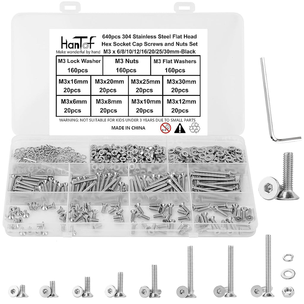 640Pcs Metric M3 Flat Head Hex Socket Cap Screws Assortment Kit, M3x 6/8/10/12/16/20/25/30 Internal Hex Drive Allen Bolts Nuts and Washers Set, 304 Stainless Steel, Fully Threaded, Pitch: 0.5mm