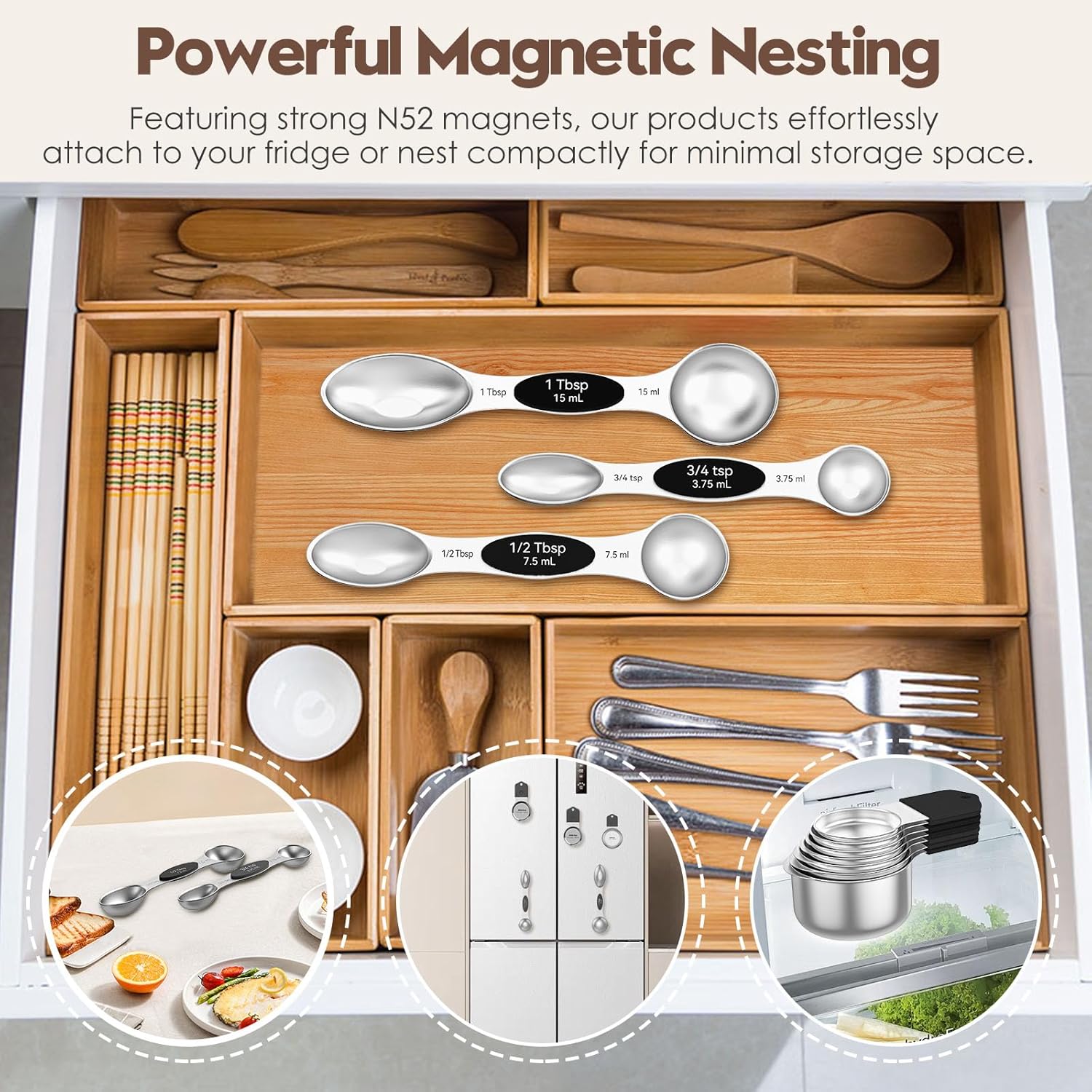 Magnetic Measuring Cups and Spoons Set – 304 Stainless Steel | Dual-sided Design | 15-Piece with Leveler | N52