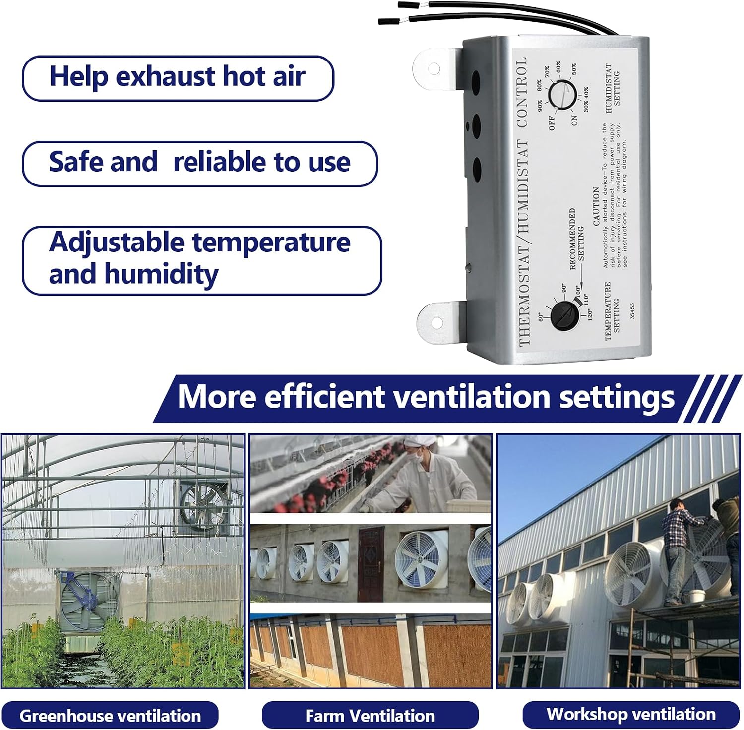 Attic Fan with Thermostat Humidistat Controller, Adjustable Temperature Humidity Controller for Workshops Greenhouses