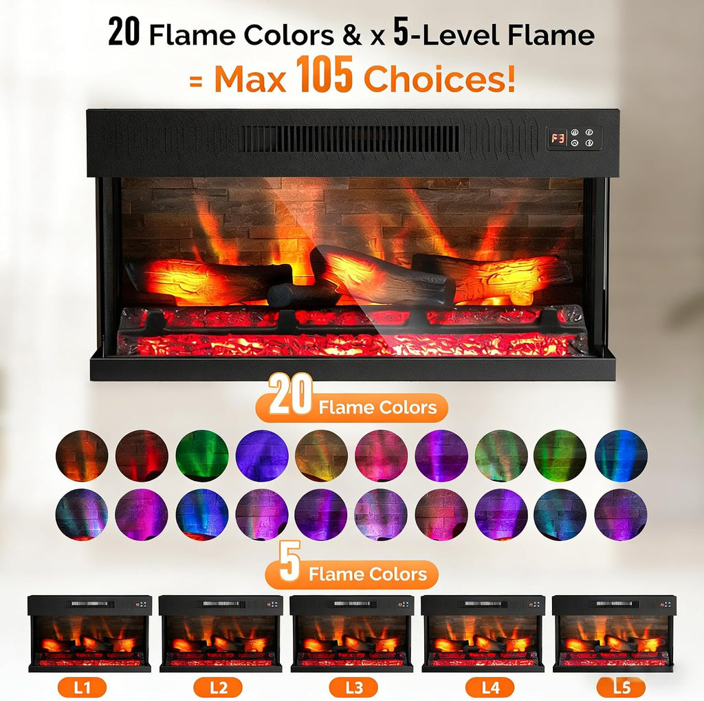 36 Inch 3-Sided Glass Electric Fireplace Insert, Electric Fireplace Heater with Remote Control, Wall Mounted and