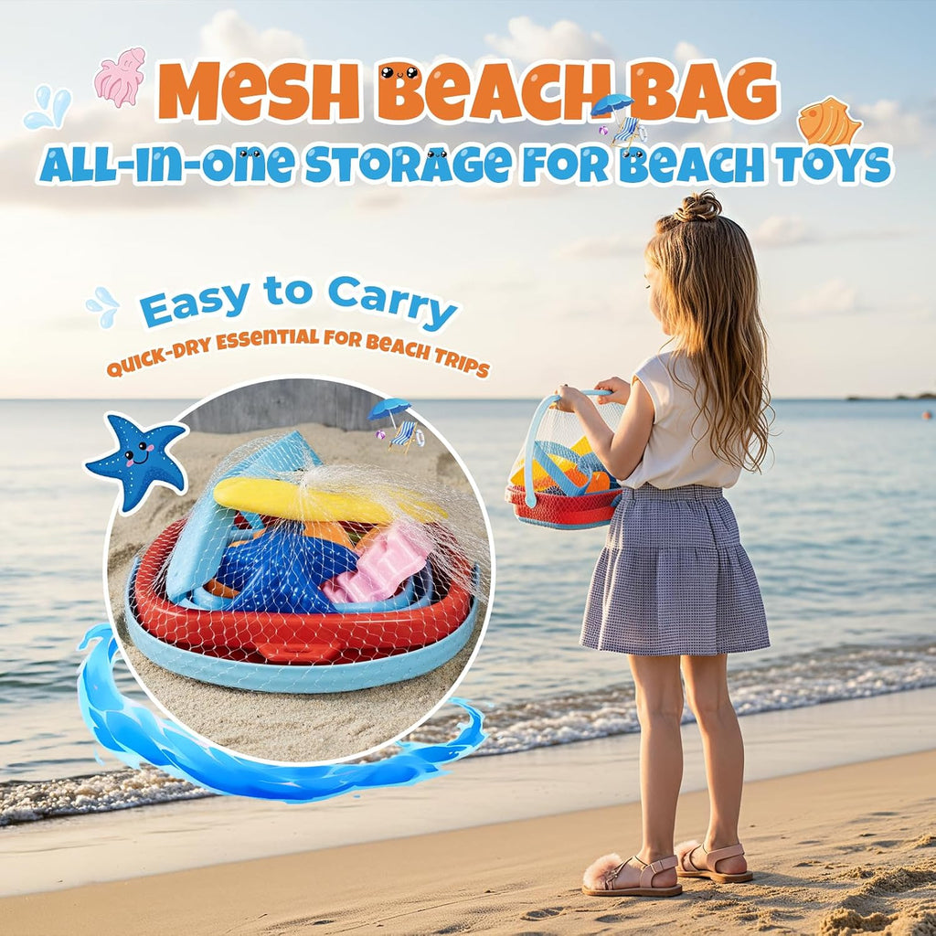 Beach Sand Toys Set for Toddlers, Portable Travel Beach Toys with Collapsible Bucket, Shovel, Rake, 3 Molds & Mesh