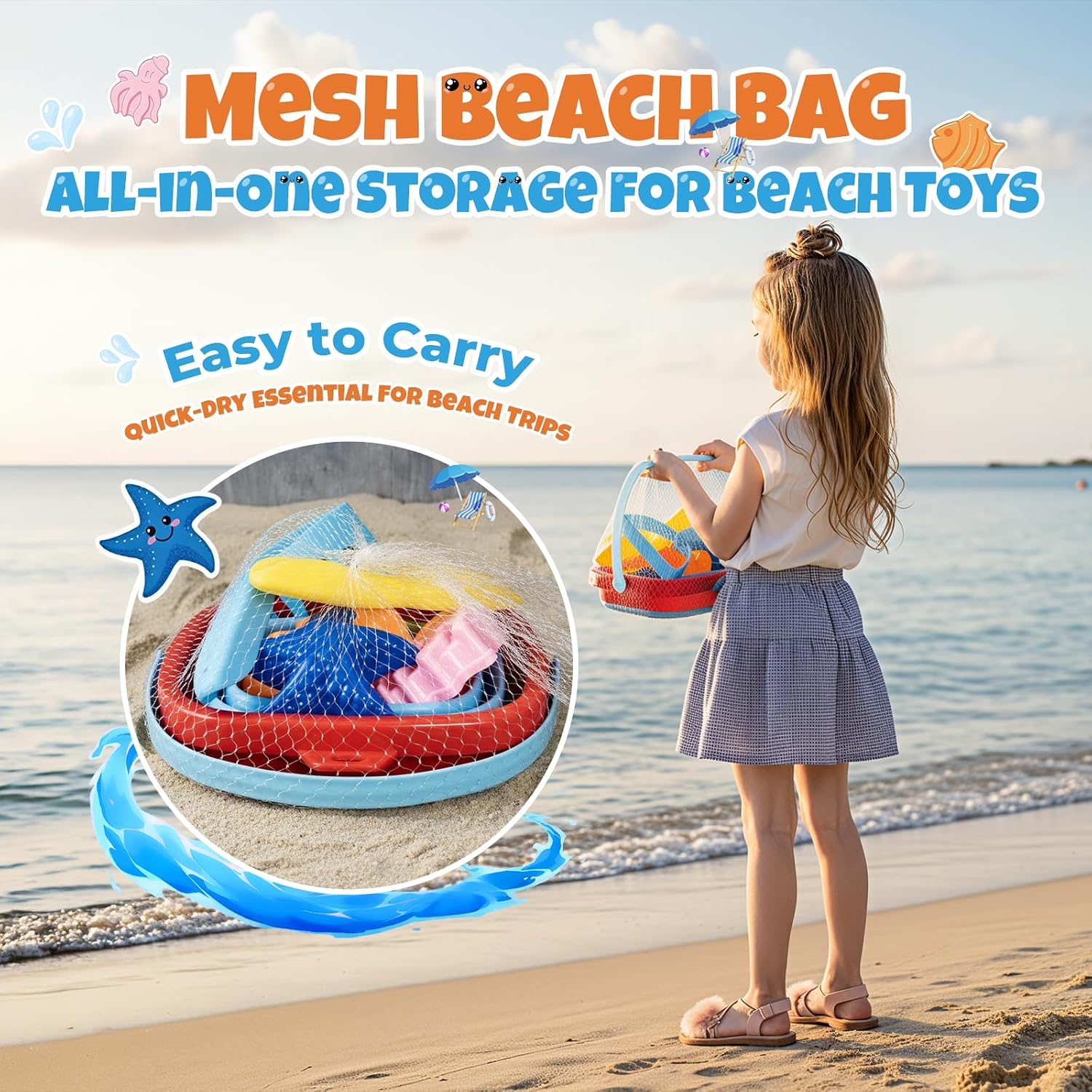 Beach Sand Toys Set for Toddlers, Portable Travel Beach Toys with Collapsible Bucket, Shovel, Rake, 3 Molds & Mesh