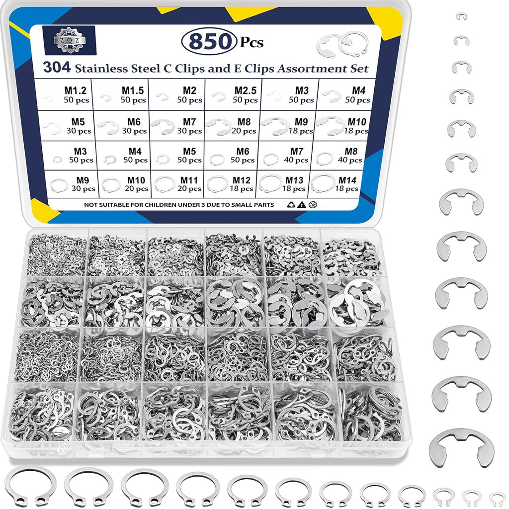 ZQZ 850Pcs C Clips and E Clips Assortment Kit, External Retaining Rings Set