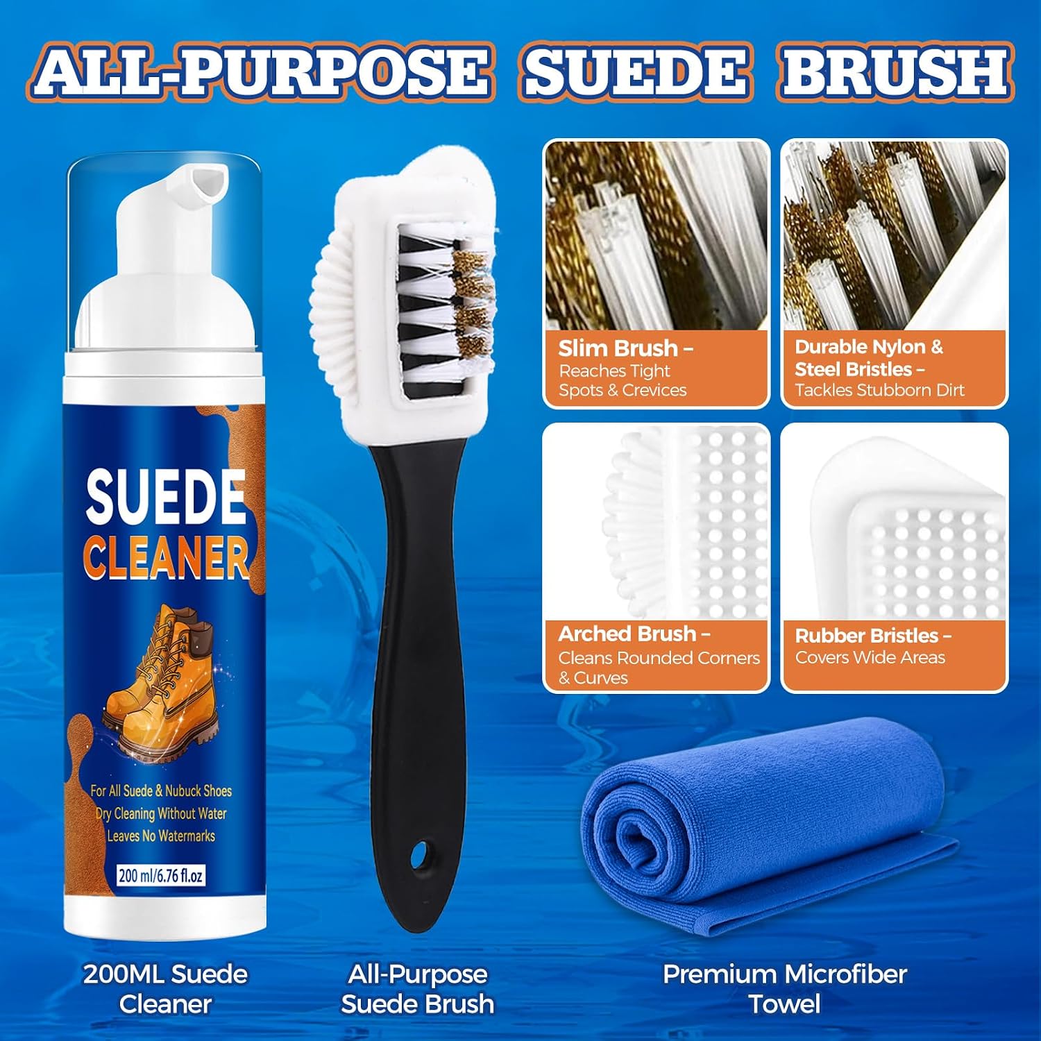 Suede Shoe Cleaner Kit 6.76 fl oz, No-Rinse Foam Shoe Cleaning Kit | Suede and Nubuck Shoe Cleaner with Brush and Cloth