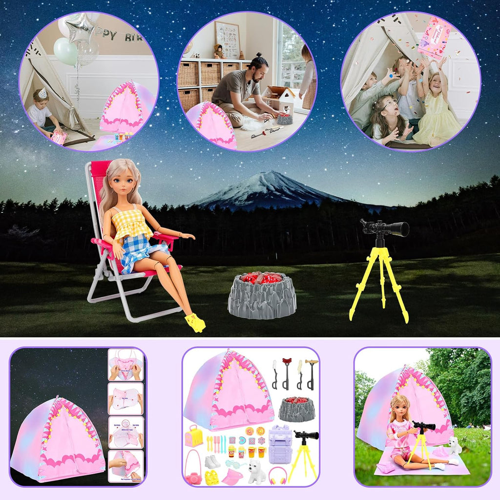35PCS Doll Camping Playset for 11.5" Girl Dolls - STEM Tent with Backpack, BBQ Grill & Stargazing Tools Pretend Play