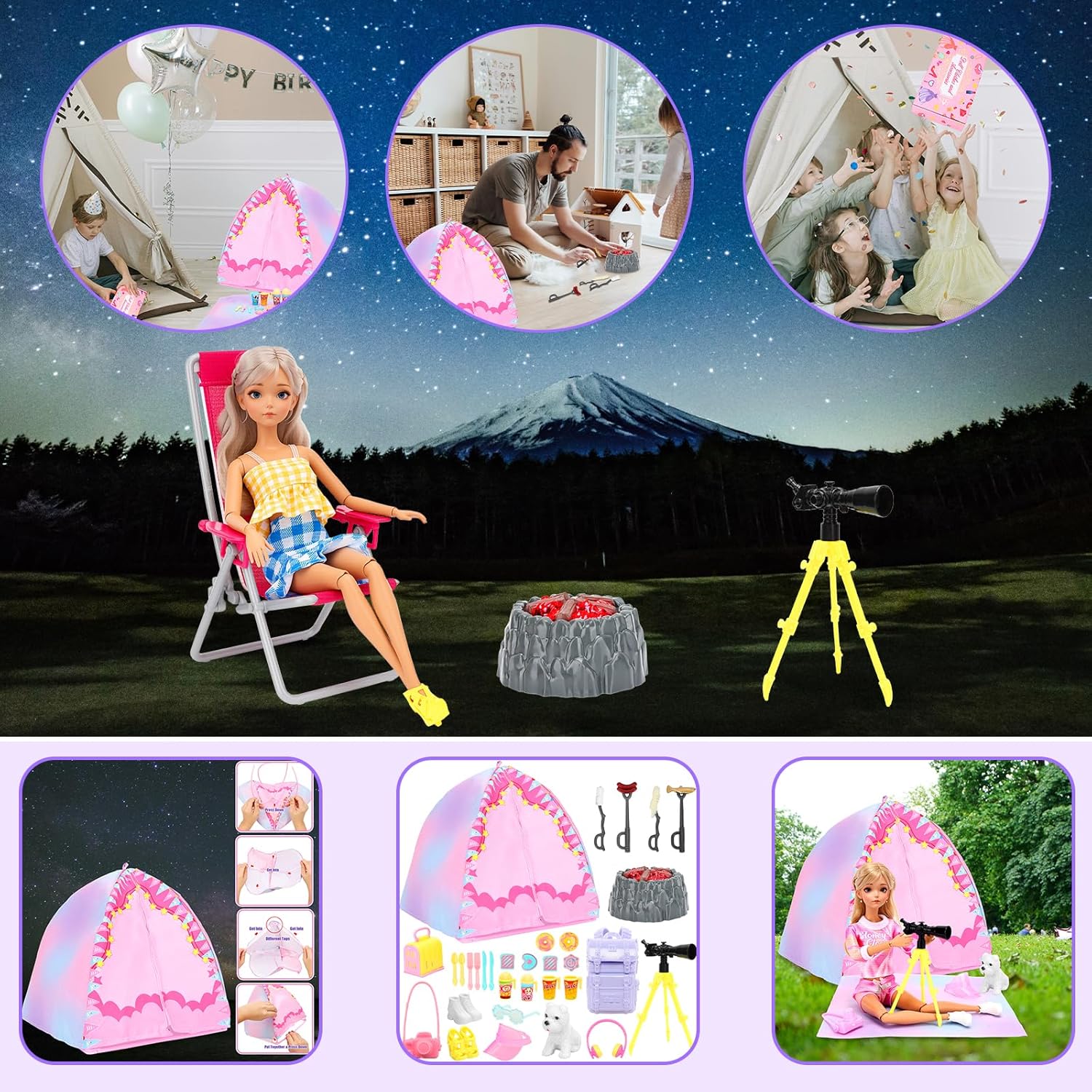 35PCS Doll Camping Playset for 11.5" Girl Dolls - STEM Tent with Backpack, BBQ Grill & Stargazing Tools Pretend Play