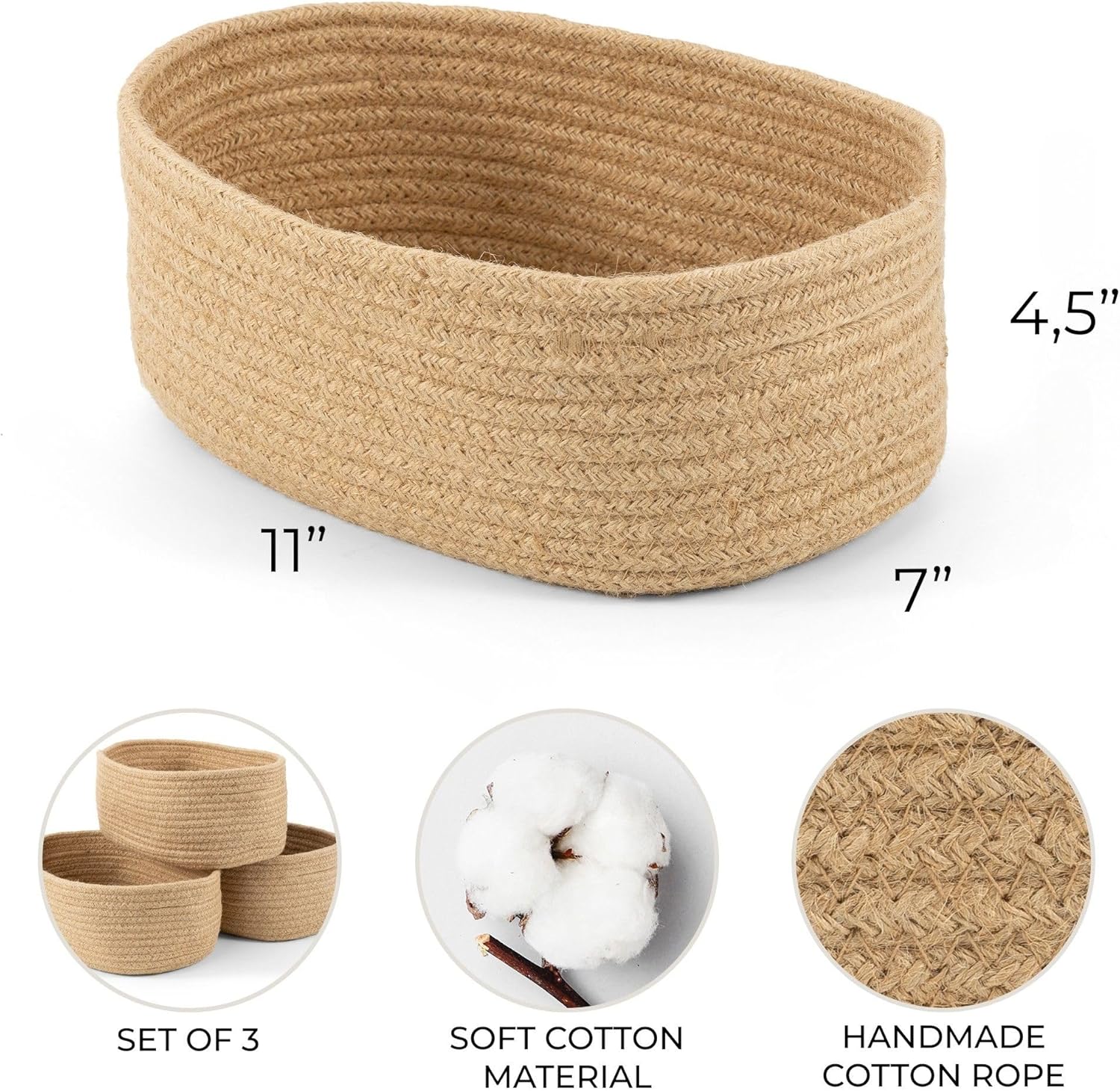 Beautiful Storage Basket Set of 3 - Sturdy Jute Rope Baskets for Shelves Are Perfect for Organizing Your Home