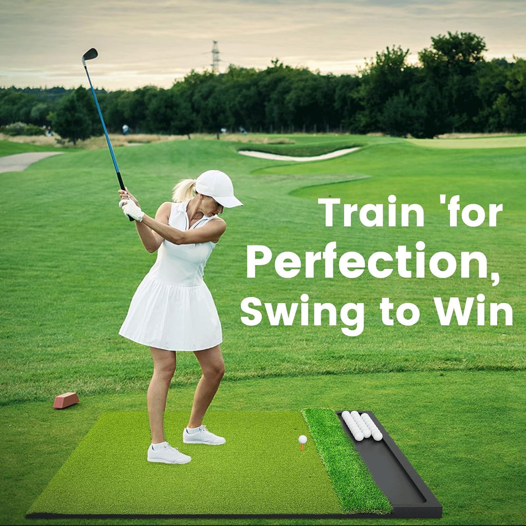 Dual Turf Golf Hitting Mat with Ball Tray, Integrated Golf Practice Mat for Indoor & Outdoor Use Golf Training Mat