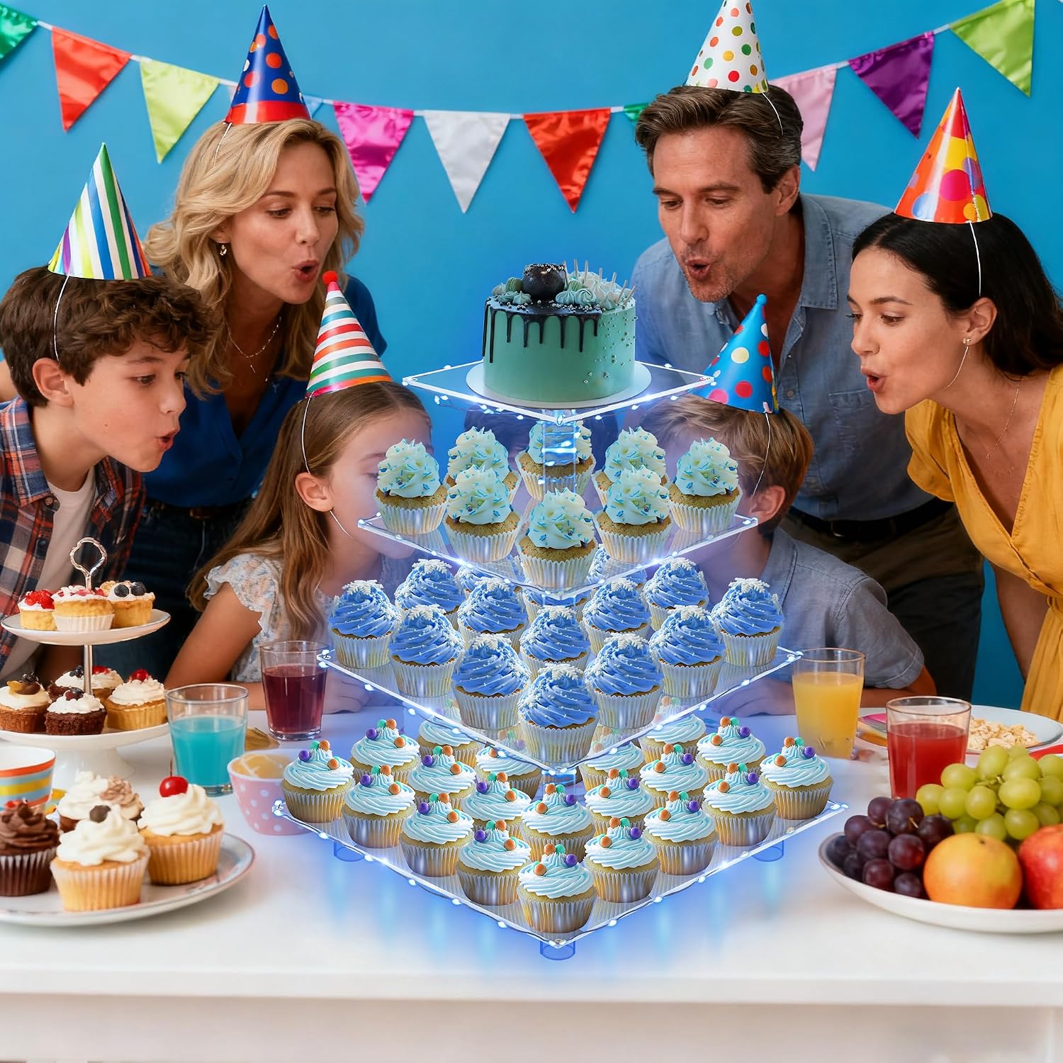 4 Tier Cupcake Stand with Blue Lights, Cupcake Tower Stand 50 Cupcakes