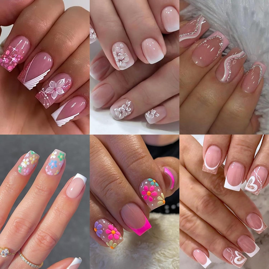 6 Packs (144 Pcs) Press on Nails Square - Short, Medium Nails Press ons - French Tip Fake Nails with Flower Design