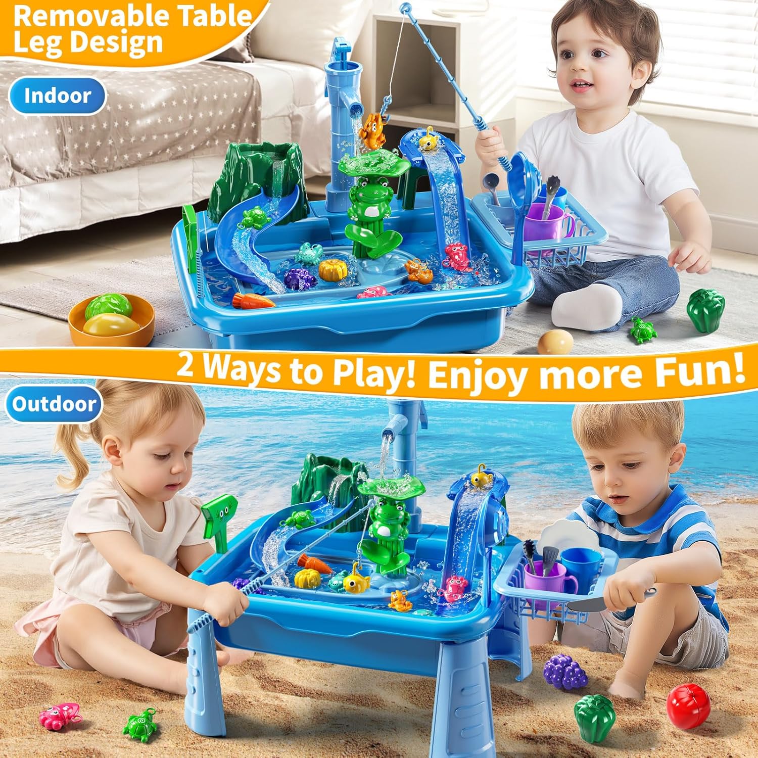 Water Table Play Sink Toy for Kids 2 3 4 5 6 Years Old - Outdoor Kitchen with Running Water, Fishing Games, Toddler