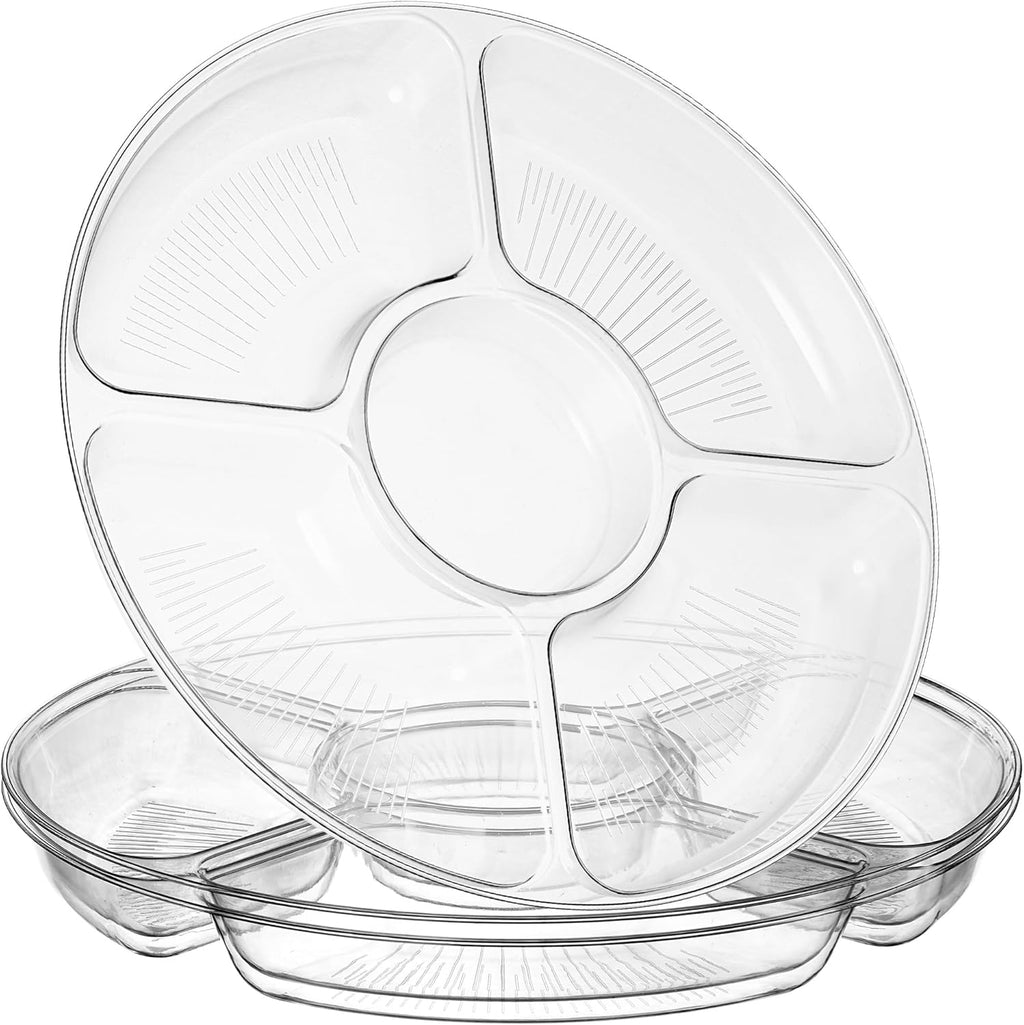 5 Sectional Round Plastic Heavy duty Serving Tray/Platters Clear Pack of 2