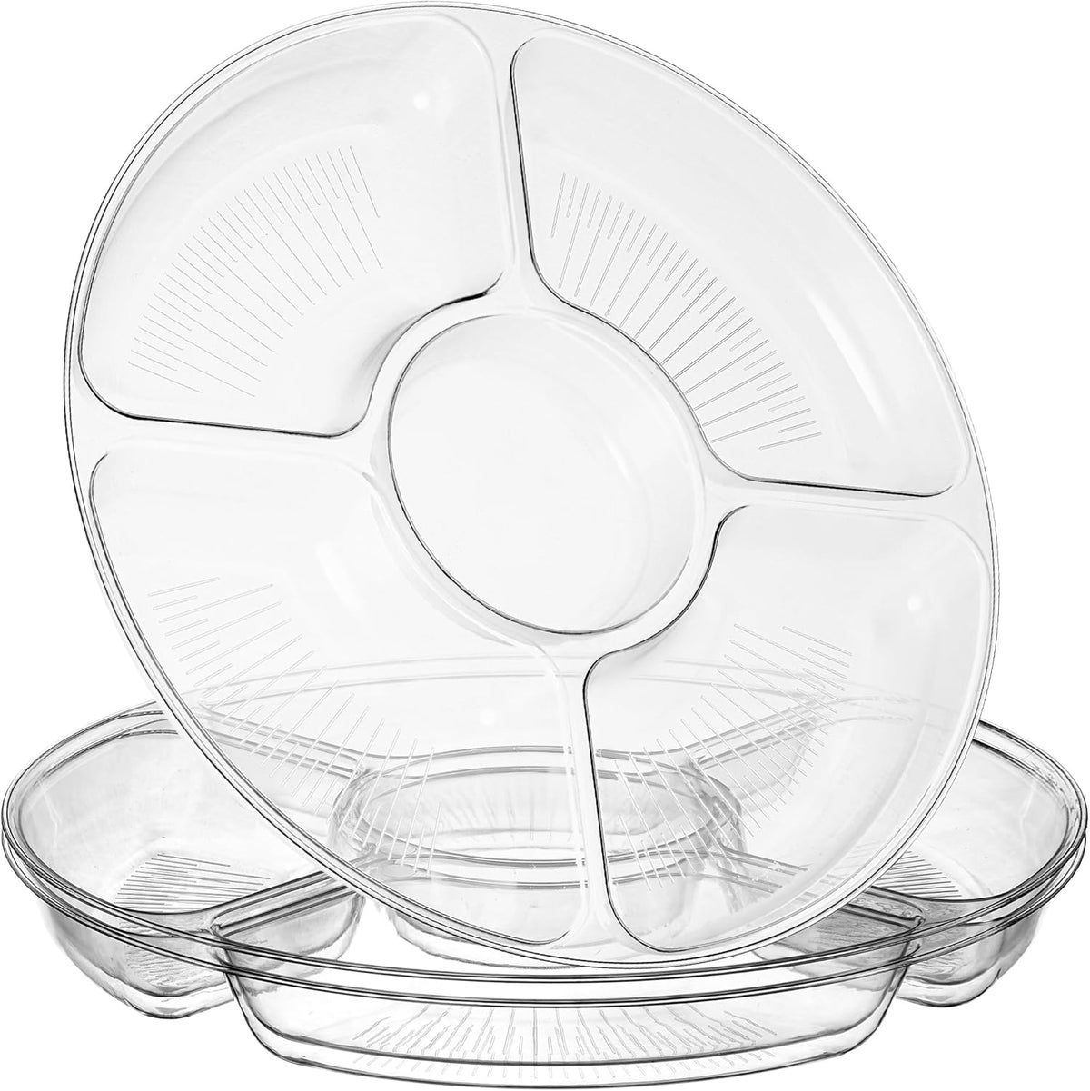 5 Sectional Round Plastic Heavy duty Serving Tray/Platters Clear Pack of 2